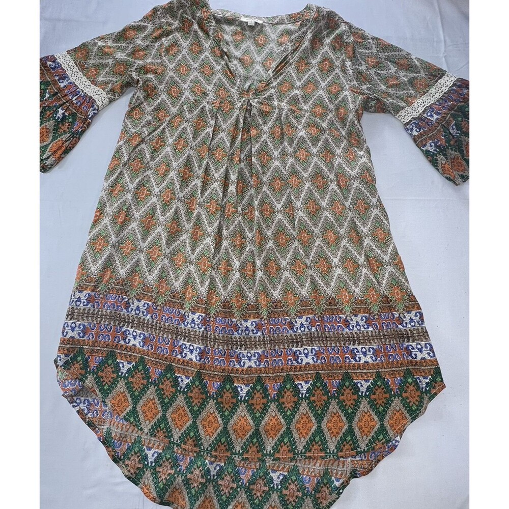 Umgee Womens Dress Multicolor Geometric Print Long Sleeve V-Neck Tunic TopSize S